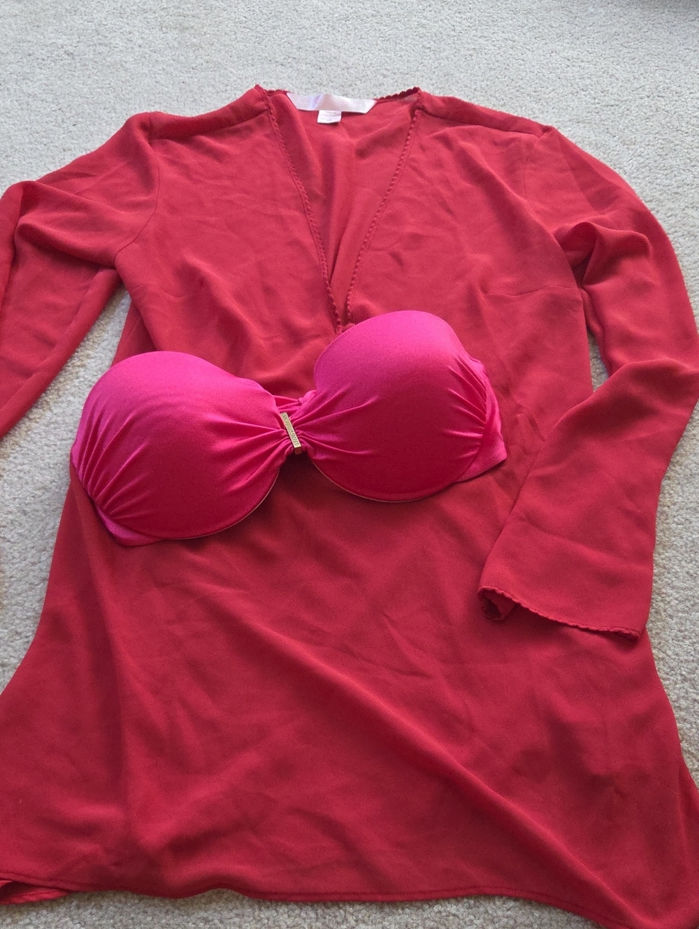 Victoria's Secret Strapless Pink Bra with Red Cover-Up 2 Pieces